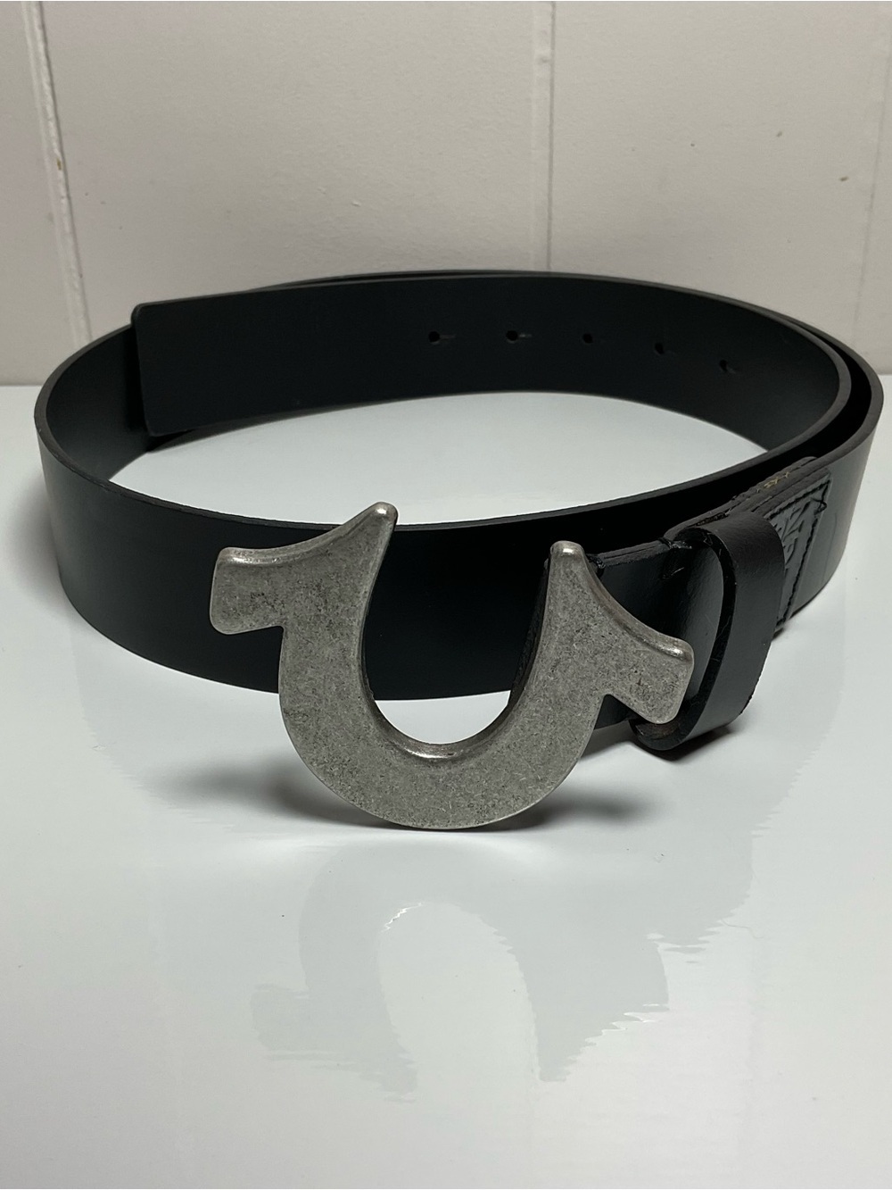 True Religion Belt Black With Buckle Horse Shoe Size 36 Mens Leather